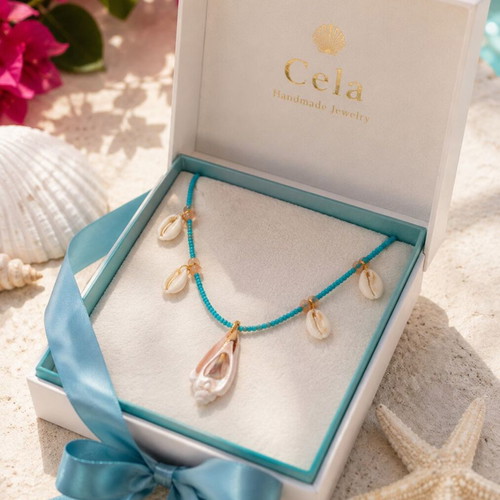 Handmade Long Necklace with Semi-Precious Stone TURQUOISE, Natural Shells and Crystals