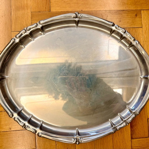 Vintage oval serving tray used, silver-plated/stainless steel