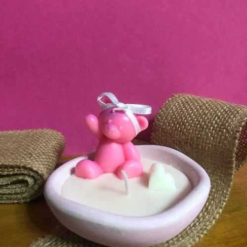 Handmade candle pink teddy bear on plate new