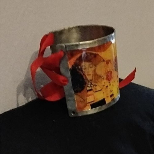Bracelet cuff used "The Kiss" handmade with red ribbon