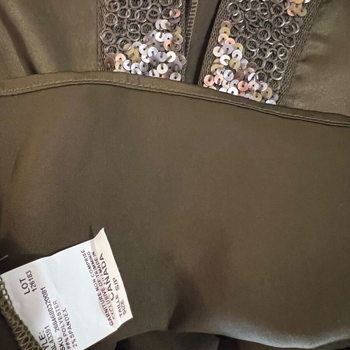 Le Chateau sleeveless satin top with sequins, olive