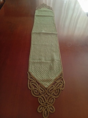 Handmade runner with delicate embroidery and lace in mint color