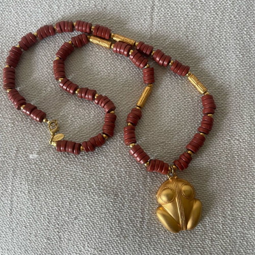 Inca statement boho necklace with terracotta beads and frog pendant like new