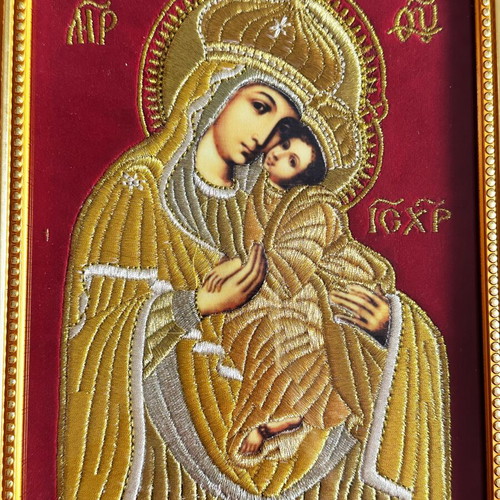 Russian embroidered icon like new, gold frame with glass