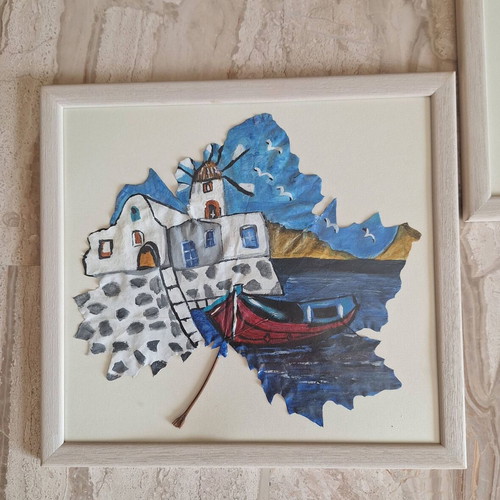 Aegean Memories set of 3 handmade plane leaf paintings