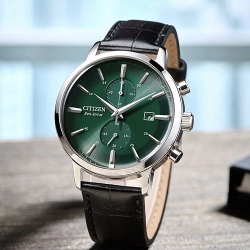 Citizen Eco Drive CA7069-24X watch like new, green dial, leather strap