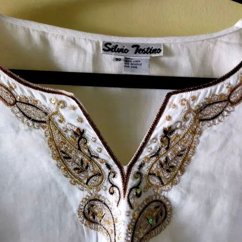 Silvio Testino linen blouse used, white with brown embroidered detail, size Large No50