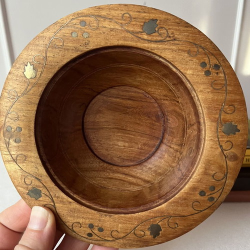Vintage wooden fondant bowl with brass details, like new