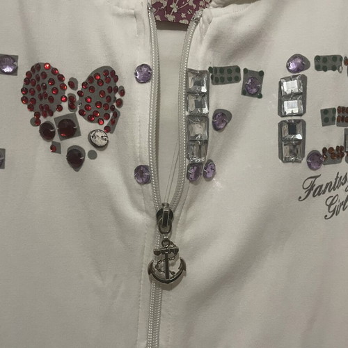 White cotton hoodie jacket with zipper and colorful beads print, like new