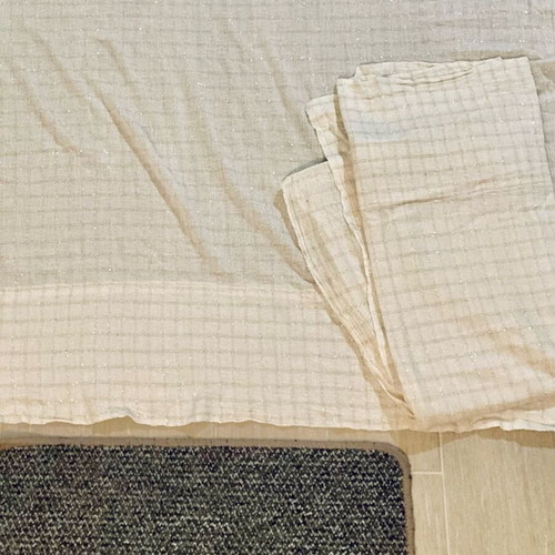 Set of 2 white curtains with gold thread squares and gray rug used