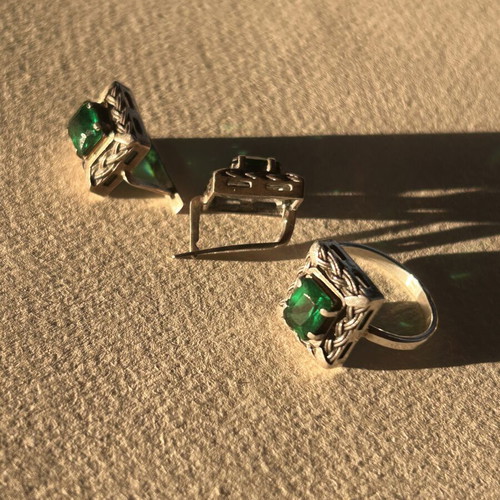 Vintage 925 Silver Ring and Earrings Set with Green Emerald Stones