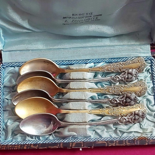 Antique spoon set used, 3 silver 800 and 3 gold-plated with case