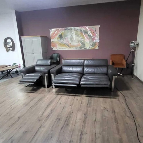 Moreno gray leather three-seater sofa and armchair with electric relax mechanism new