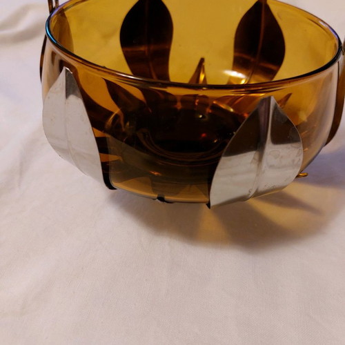 Fondue pot used 14×9 cm honey crystal with silver-plated basket