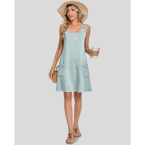 WNEEDU sleeveless summer dress with pockets, green pattern, XL