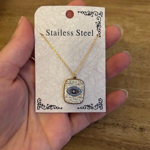 Necklace eye stainless steel new, turquoise and gold