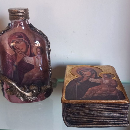 Handmade bottle and box with icon, new religious items