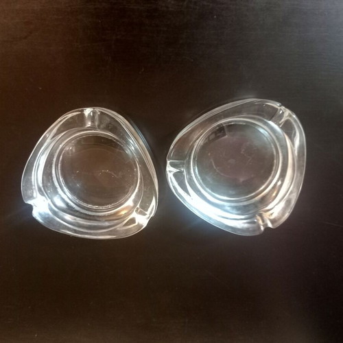Glass ashtrays vintage set of 2 used, thick triangular design