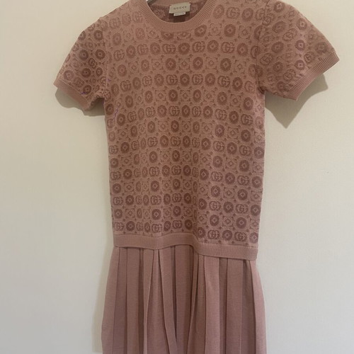 Gucci dress, warm pink wool with GG monogram and pleated skirt