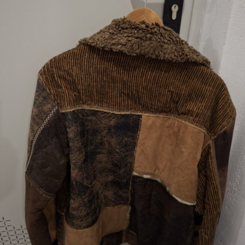 Energy jacket used, warm, beige and brown, patchwork fur and suede
