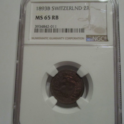 Switzerland 2 rappen 1893 NGC MS65 RB used