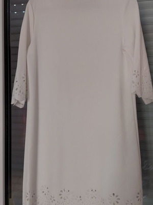 White women's dress with lace design, polyester, 3/4 sleeves, knee length