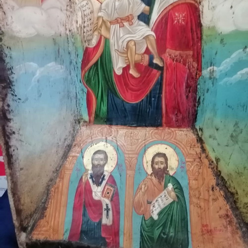 Ιερή εικόνα vintage ζωγραφισμένη σε ξύλινη σκάφη μεταχειρισμένη
