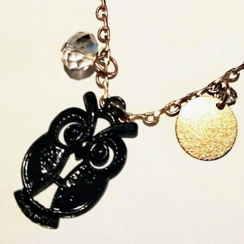Black Owl bracelet handmade, adjustable with gold chain and glass beads