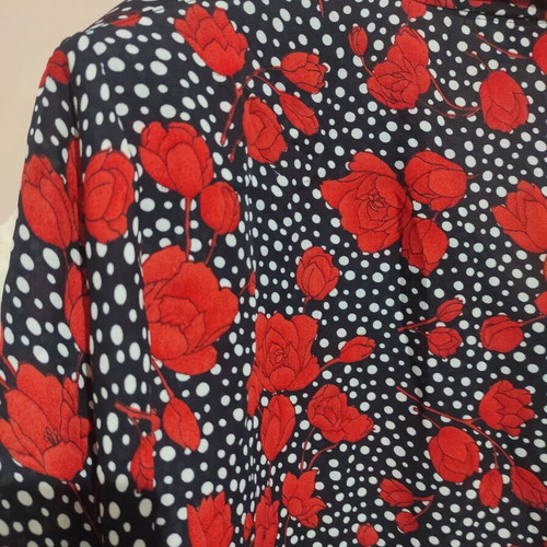 Vintage shirt new with shoulder pads, black with white polka dots and red roses, size L-XL
