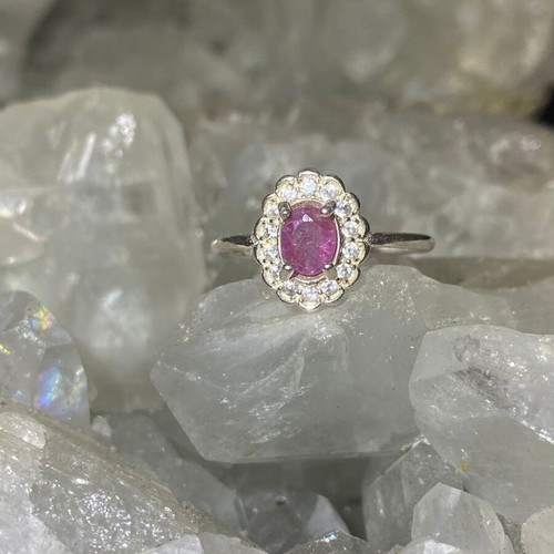 Silver ring with natural ruby and moissanites, new, handmade