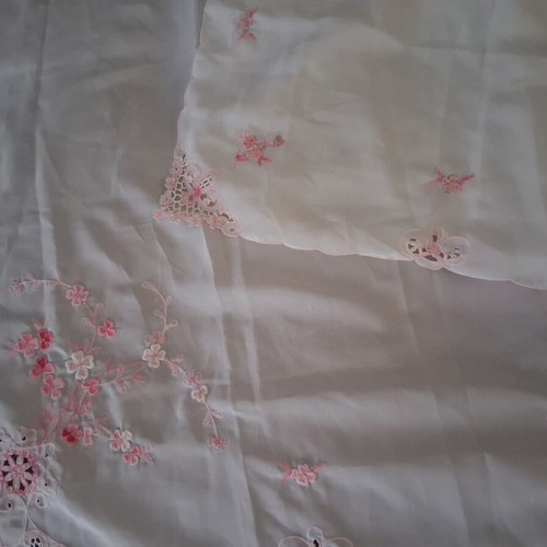 Set of 2 Small Handmade Vintage Table Linens with Pink Cutwork Embroidery like new