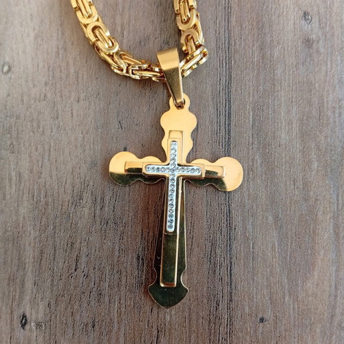 Men's thick stainless steel chain necklace with cross, 60 cm