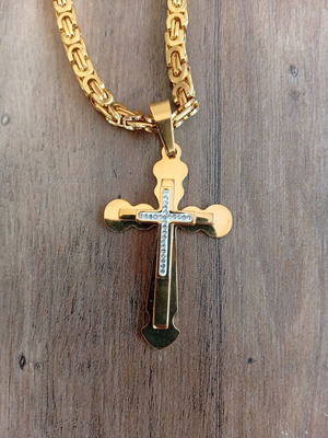 Men's thick stainless steel chain necklace with cross, 60 cm