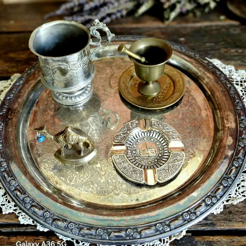 Vintage decoration set used, 5 pieces with Oneida silver-plated tray