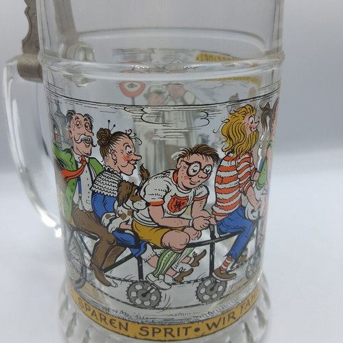 Vintage German Glass Beer Stein with Bicycle Bell Lid BMF Radlerseidel
