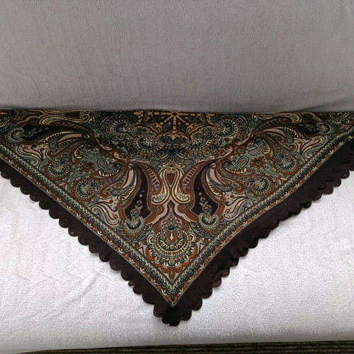 Headscarf used, beige and brown, size 80/78 cm