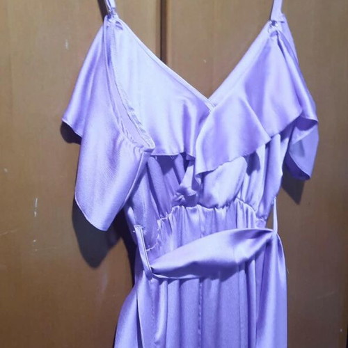 Satin-type lilac dress wrap style like new with belt