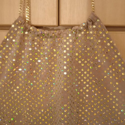 Blouse used, beige and gold with chain neck detail