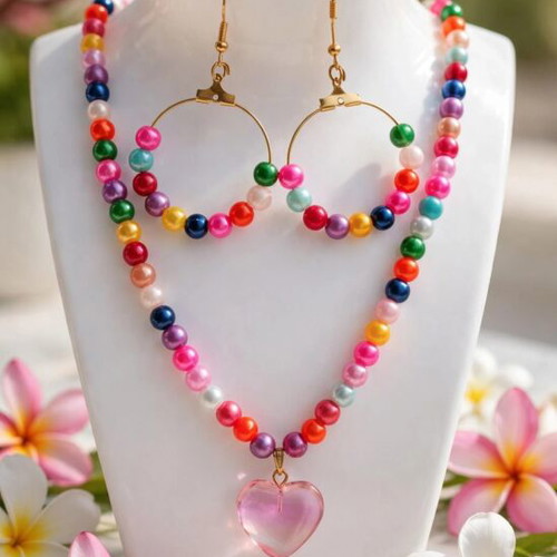 Handmade colorful beaded summer necklace and earrings set