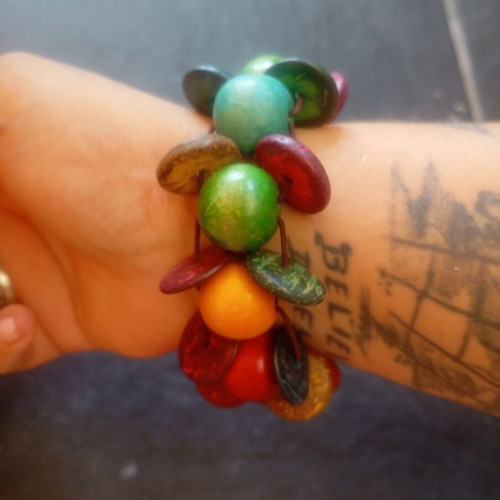Wooden bracelet used, boho style with natural wood and coconut shell