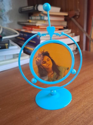 Blue metal tabletop photo frame, 15 cm height