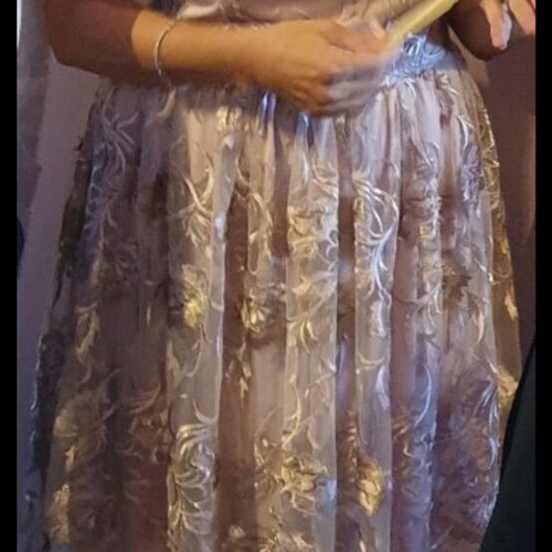 Evening dress like new, size UK 14, pink-beige with embossed flowers