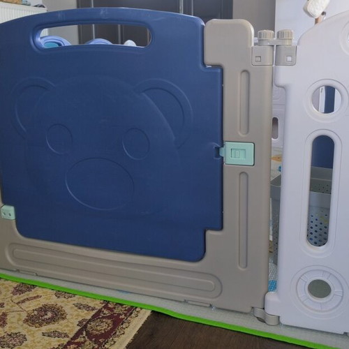 Baby Playpen Large Expandable with Double-Sided Mat, Blue/White