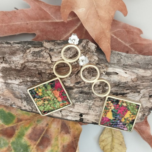 Handmade bronze earrings with fabric, silver posts