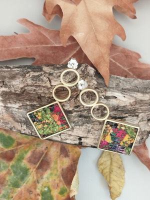 Handmade bronze earrings with fabric, silver posts