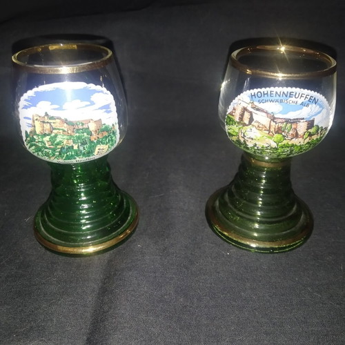 Vintage German Roemer shot glasses with Hohen-Neuffen castle design, set of 2