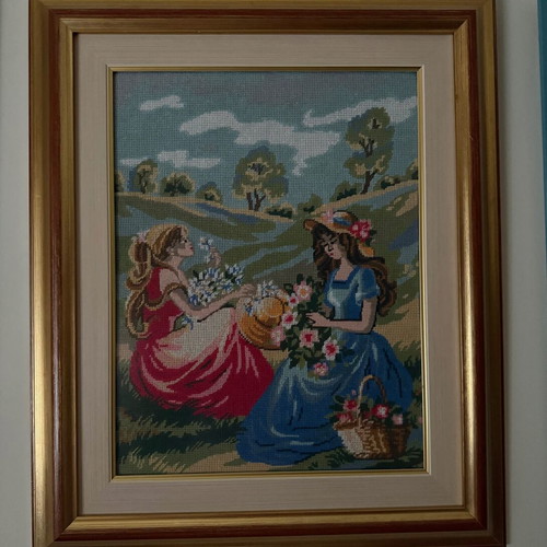 Framed Handmade Cross-Stitch Artwork with Countryside Scene, Like New