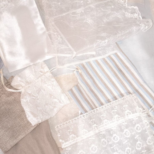 Set of 35 Pouches and Fabrics for Wedding Favors and Crafts like new
