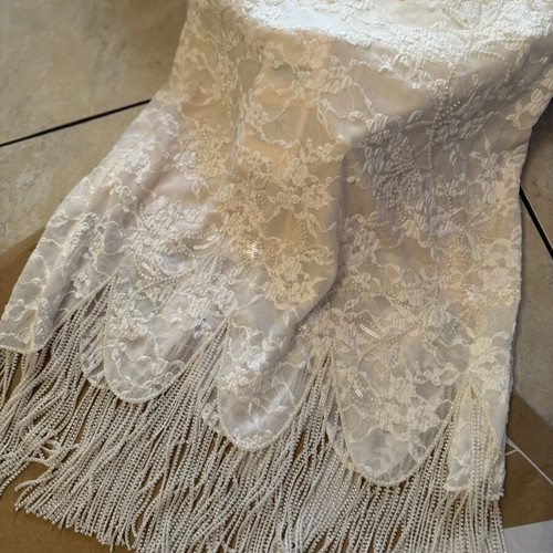 Zara asymmetric beaded lace top and fringe lace skirt set, new, ecru