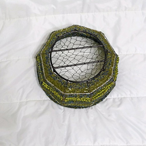 Decorative basket with beads in olive shades, metal frame, like new